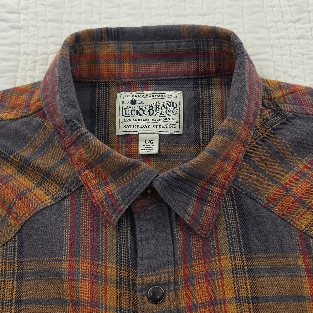 Lucky Brand Shirt Men's L Orange Gray Grey Plaid Saturday Stretch Snap Buttons - Picture 5 of 16